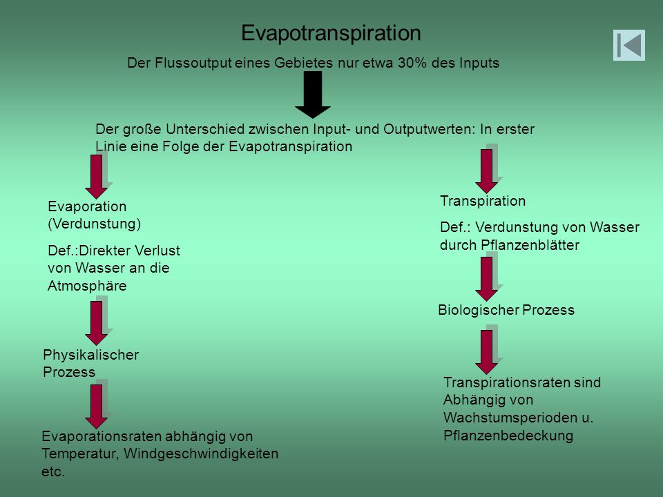 Evapotranspiration Der Flussoutput eines Gebietes nur etwa 30% des Inputs.