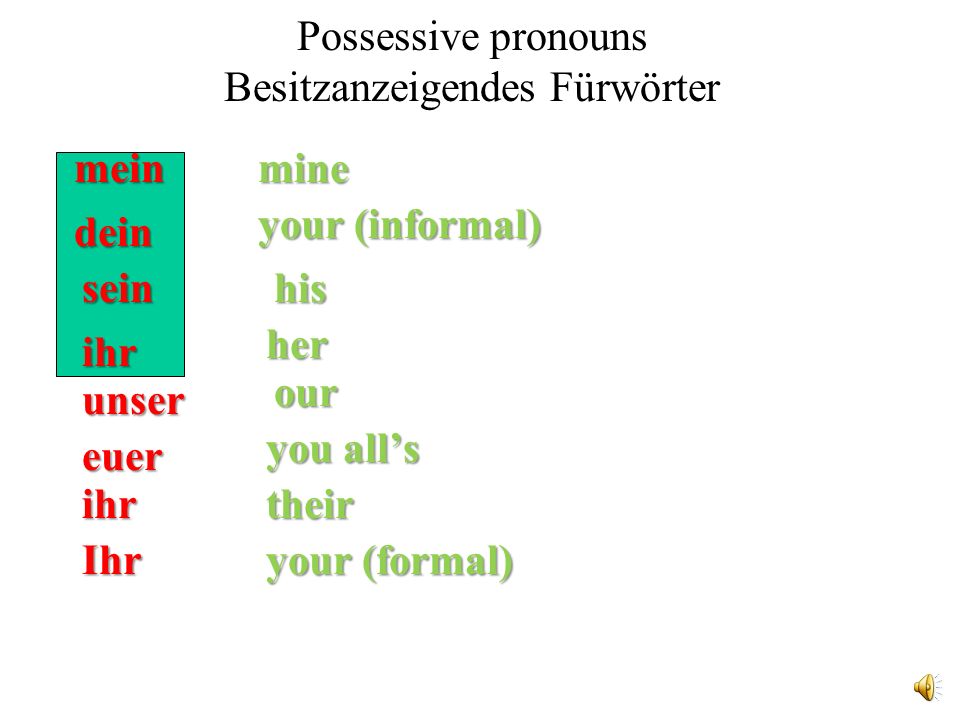 Possessive pronouns Besitzanzeigendes Fürwörter