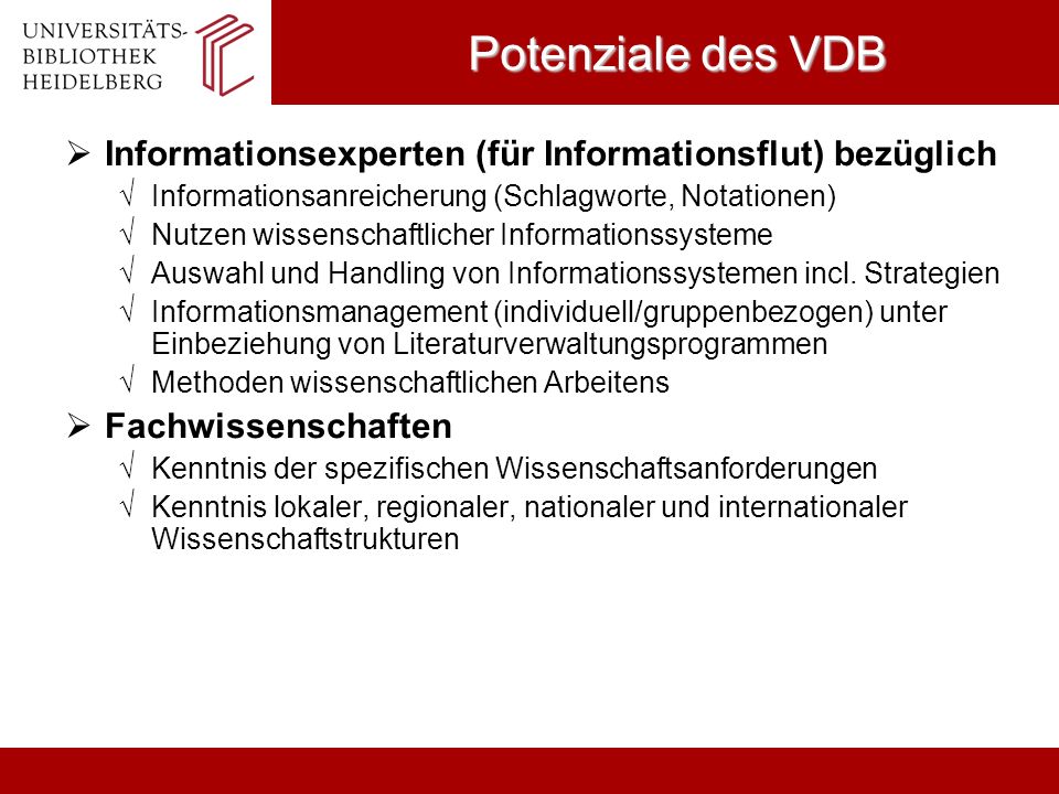 Potenziale des VDB Informationsexperten (für Informationsflut) bezüglich. Informationsanreicherung (Schlagworte, Notationen)