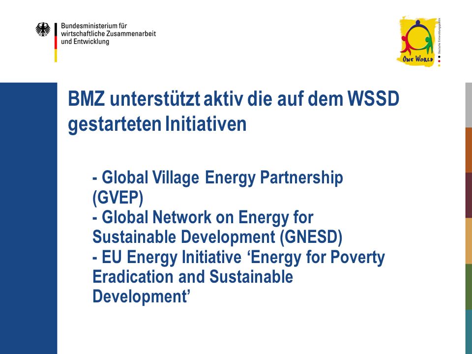BMZ unterstützt aktiv die auf dem WSSD gestarteten Initiativen