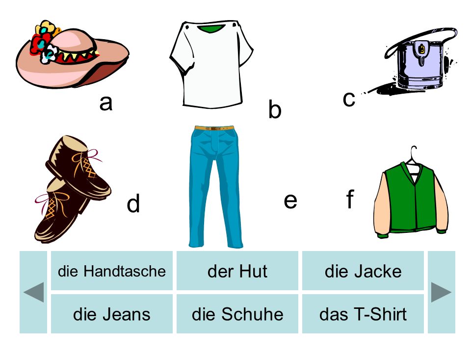 c a b e f d der Hut die Jacke die Jeans die Schuhe das T-Shirt