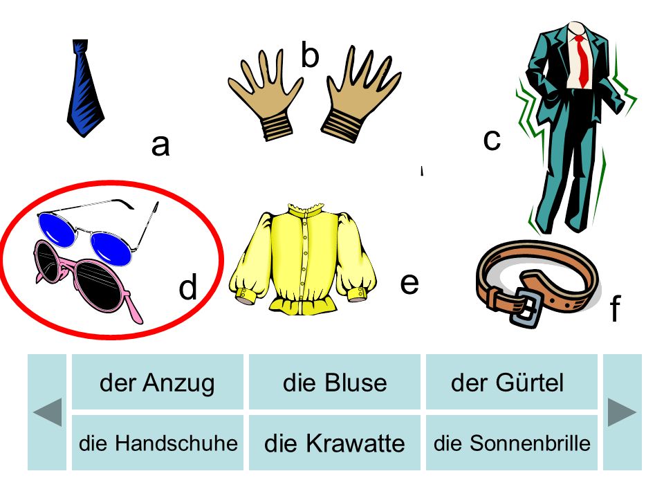 b b c a e d f der Anzug die Bluse der Gürtel die Krawatte