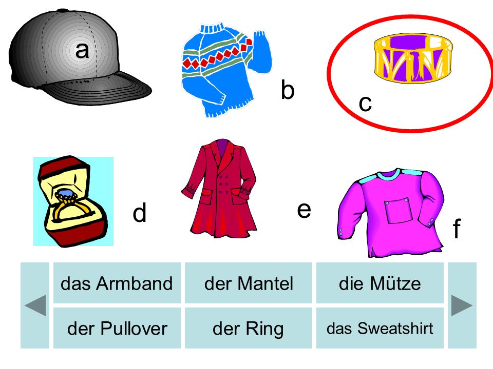 a b b c e d f das Armband der Mantel die Mütze der Pullover der Ring