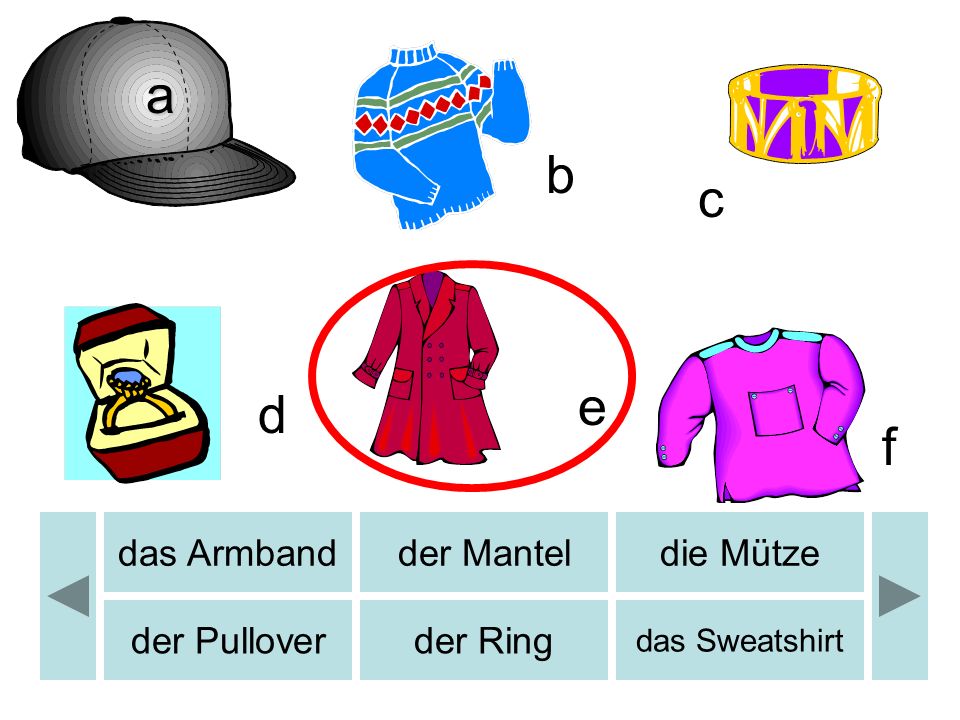 a b b c e d f das Armband der Mantel die Mütze der Pullover der Ring
