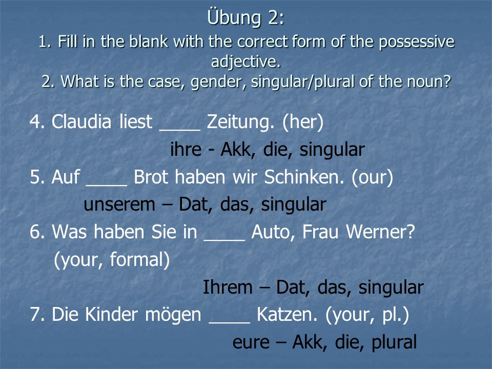 Übung 2: 1. Fill in the blank with the correct form of the possessive adjective. 2. What is the case, gender, singular/plural of the noun