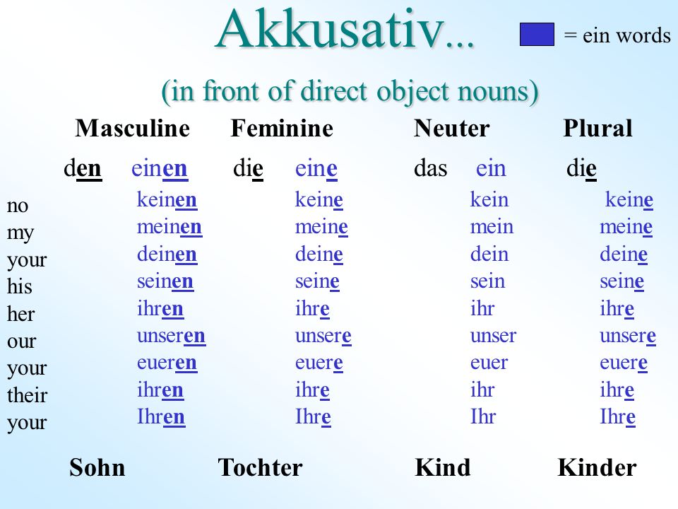Akkusativ... (in front of direct object nouns)