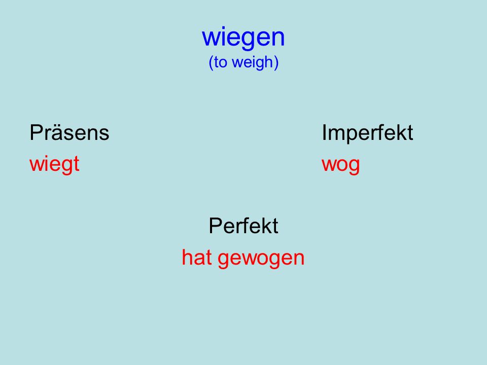 wiegen (to weigh) Präsens Imperfekt wiegt wog Perfekt hat gewogen