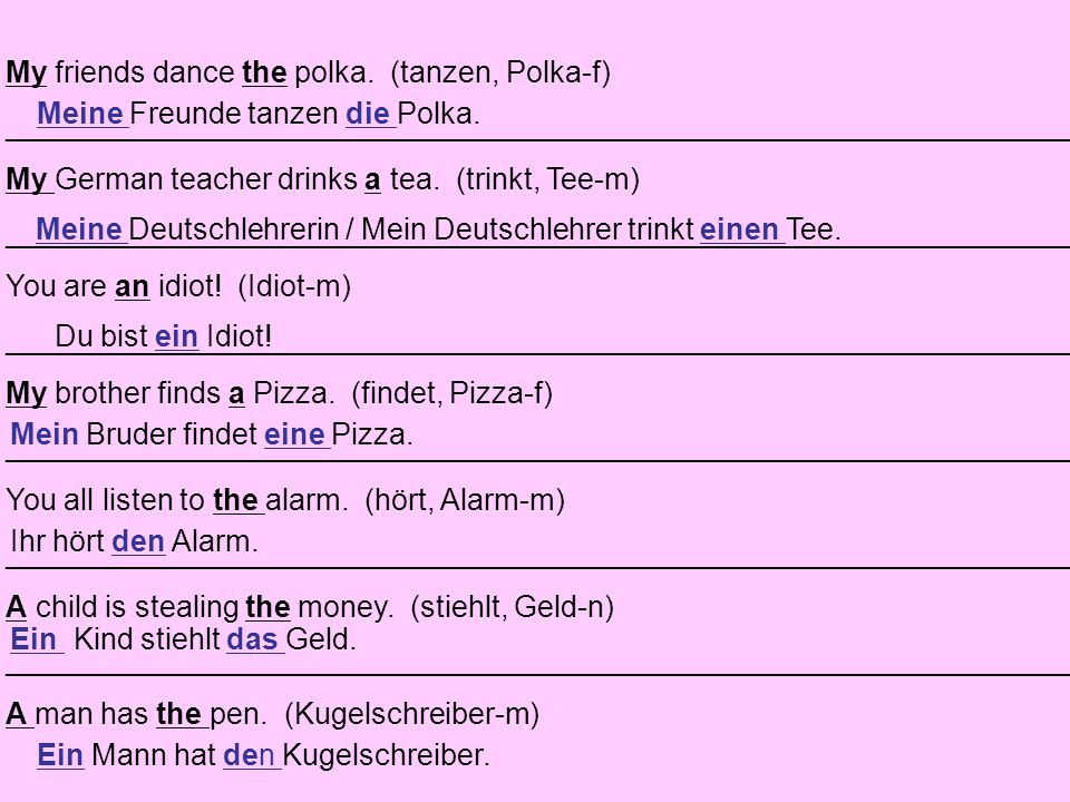 My friends dance the polka. (tanzen, Polka-f)
