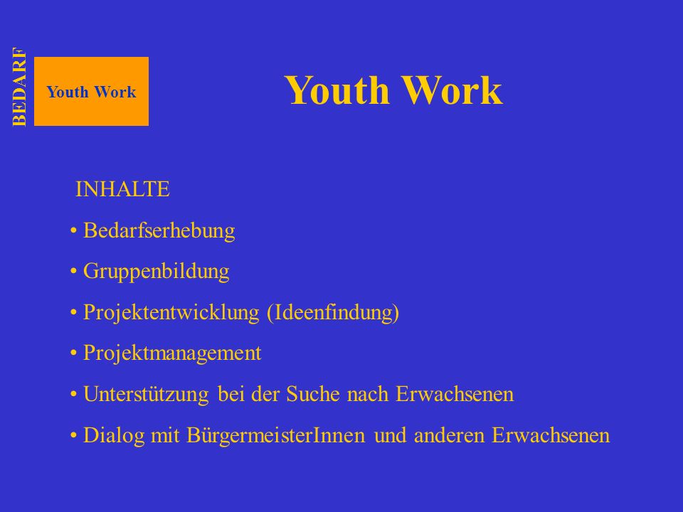 Youth Work INHALTE Bedarfserhebung Gruppenbildung