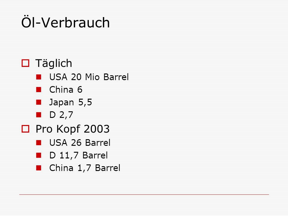 Öl-Verbrauch Täglich Pro Kopf 2003 USA 20 Mio Barrel China 6 Japan 5,5