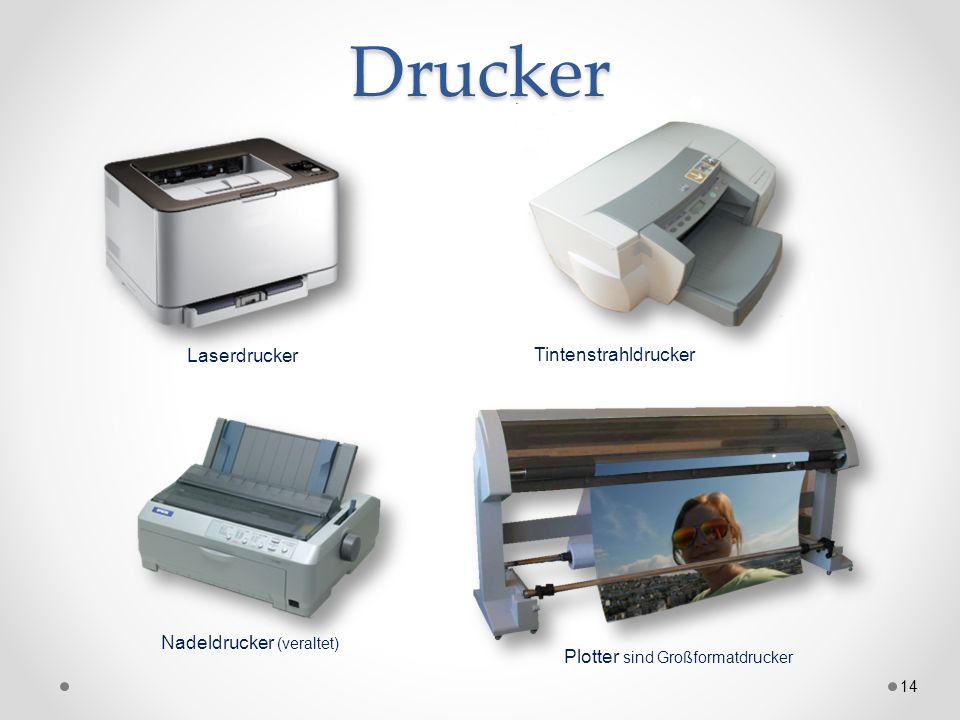 Drucker Tintenstrahldrucker Laserdrucker‏ Nadeldrucker (veraltet)‏