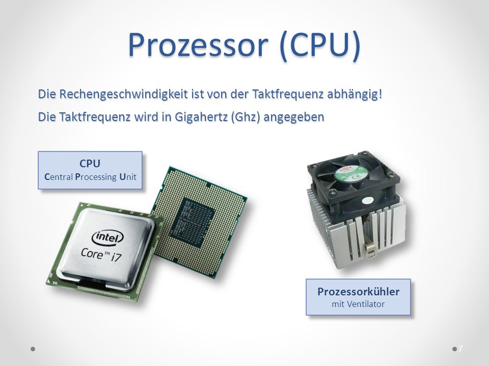 Prozessor (CPU)‏ Die Rechengeschwindigkeit ist von der Taktfrequenz abhängig! Die Taktfrequenz wird in Gigahertz (Ghz) angegeben.