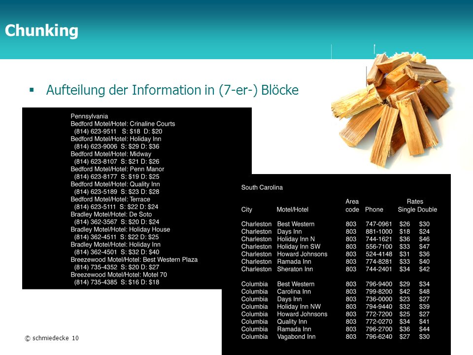 Chunking Aufteilung der Information in (7-er-) Blöcke © schmiedecke 10