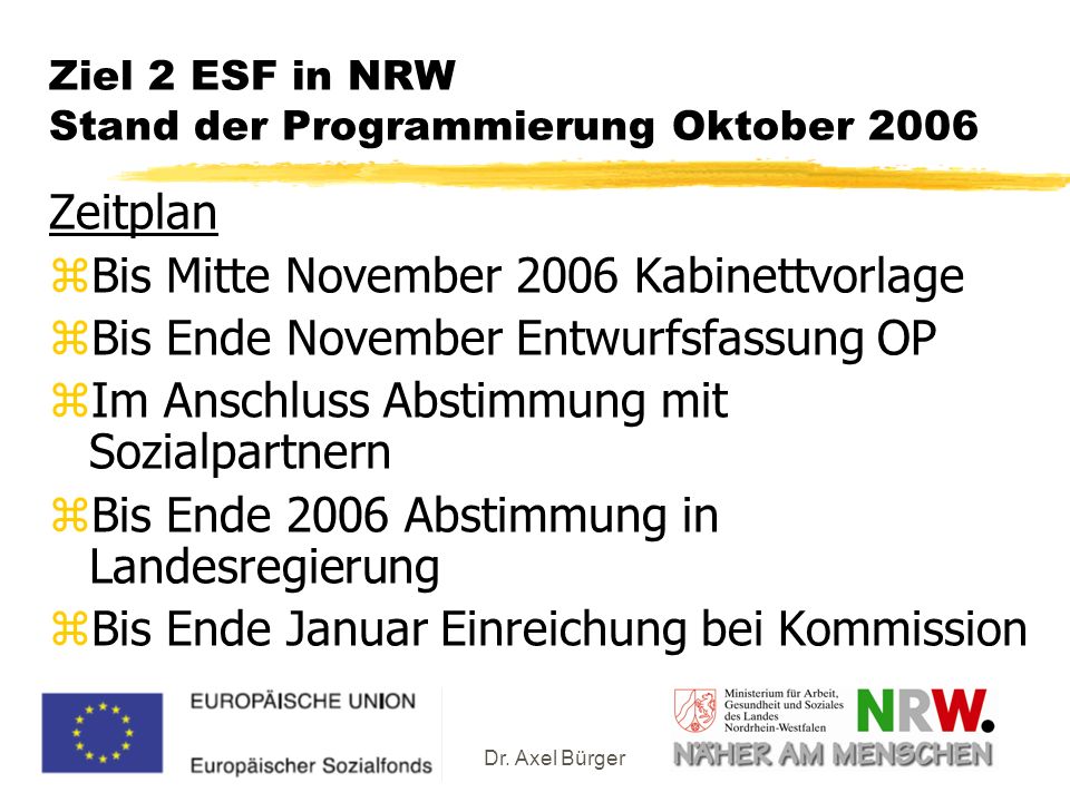 Ziel 2 ESF in NRW Stand der Programmierung Oktober 2006