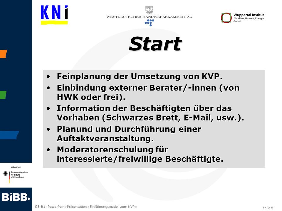 Start Feinplanung der Umsetzung von KVP.