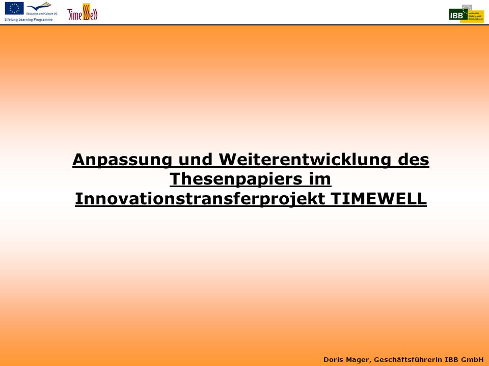 Anpassung und Weiterentwicklung des Thesenpapiers im Innovationstransferprojekt TIMEWELL