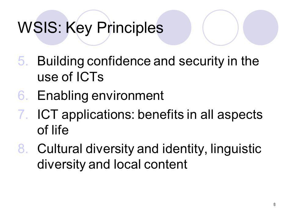WSIS: Key Principles Building confidence and security in the use of ICTs. Enabling environment. ICT applications: benefits in all aspects of life.