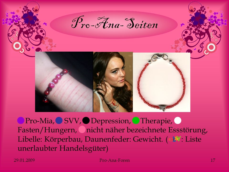 Pro-Mia, SVV, Depression, Therapie, Fasten/Hungern, nicht näher bezeichnete Essstörung, Libelle: Körperbau, Daunenfeder: Gewicht. ( : Liste unerlaubter Handelsgüter)