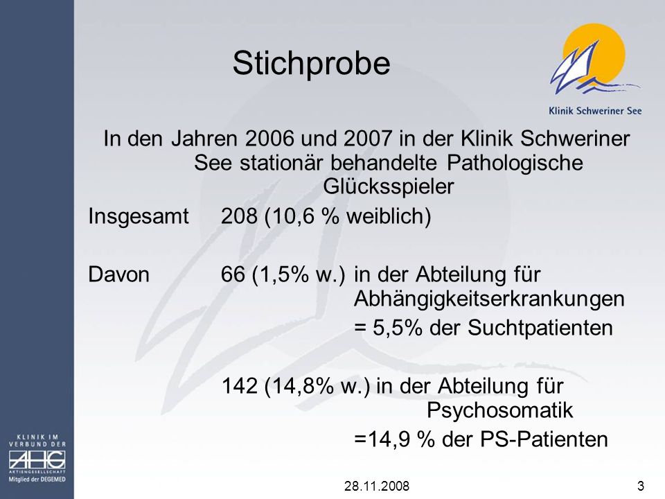 Stichprobe In den Jahren 2006 und 2007 in der Klinik Schweriner See stationär behandelte Pathologische Glücksspieler.