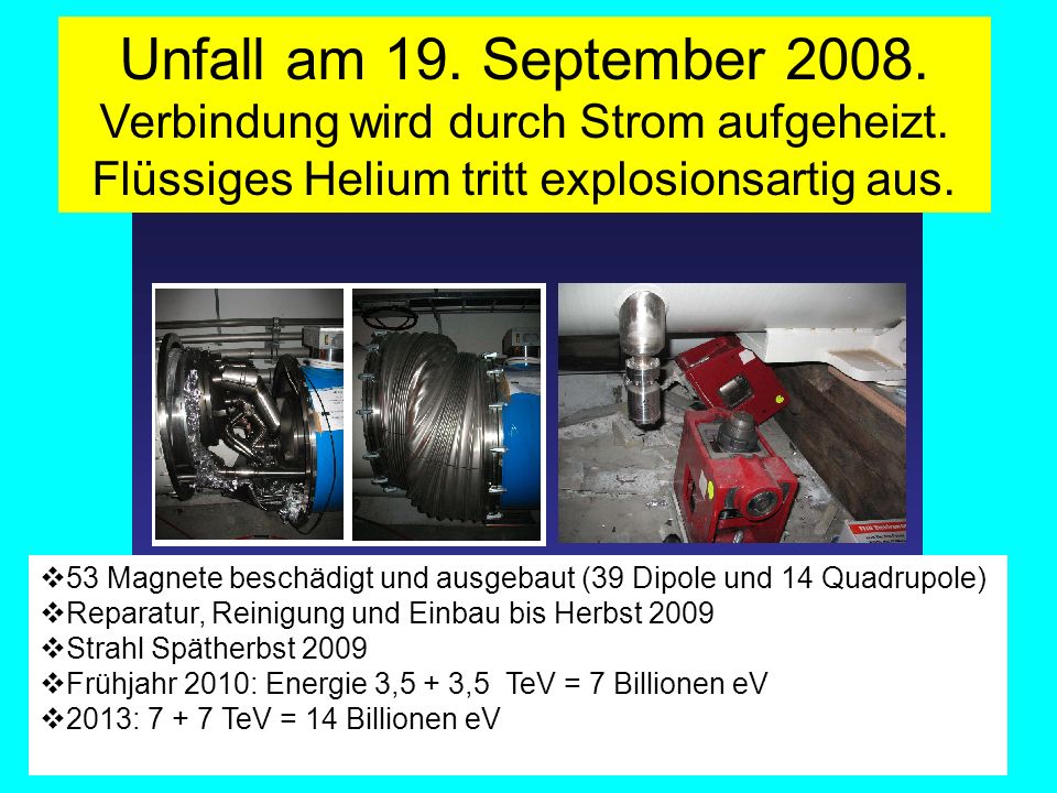 Unfall am 19. September Verbindung wird durch Strom aufgeheizt. Flüssiges Helium tritt explosionsartig aus.