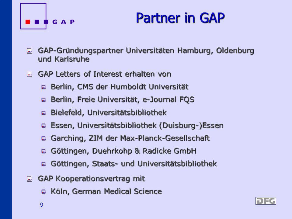 Partner in GAP GAP-Gründungspartner Universitäten Hamburg, Oldenburg und Karlsruhe. GAP Letters of Interest erhalten von.