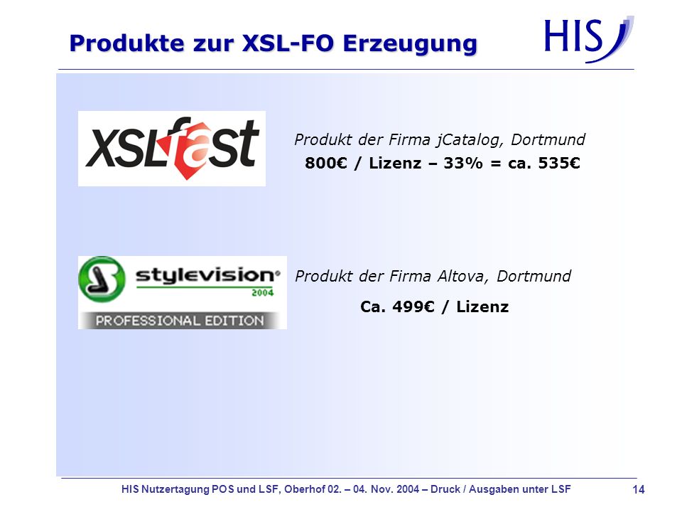 Produkte zur XSL-FO Erzeugung