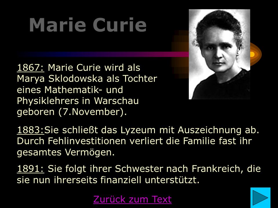 Marie Curie 1867: Marie Curie wird als Marya Sklodowska als Tochter eines Mathematik- und Physiklehrers in Warschau geboren (7.November).