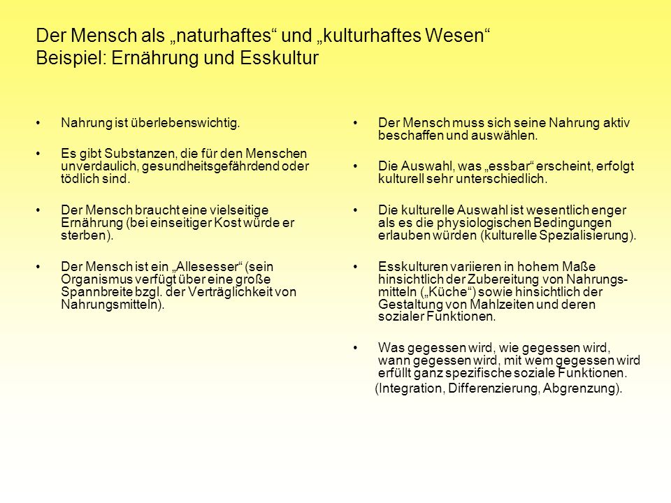 Der Mensch als „naturhaftes und „kulturhaftes Wesen Beispiel: Ernährung und Esskultur
