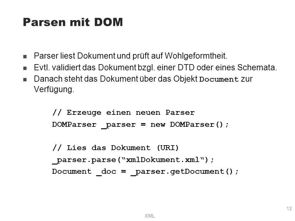 Parsen mit DOM Parser liest Dokument und prüft auf Wohlgeformtheit.