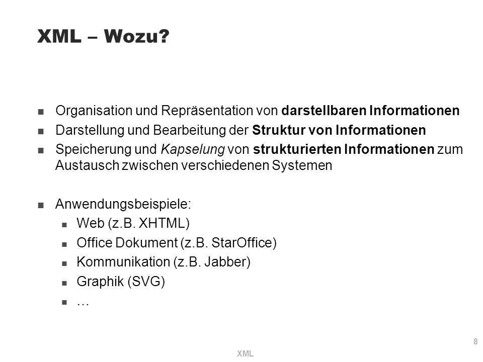 XML – Wozu Organisation und Repräsentation von darstellbaren Informationen. Darstellung und Bearbeitung der Struktur von Informationen.