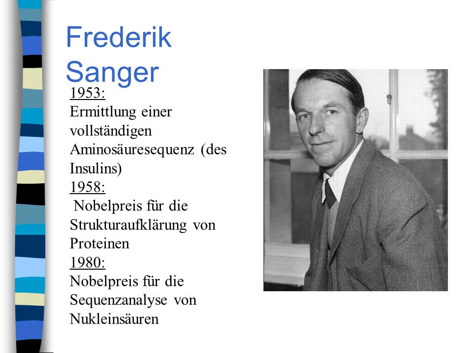 Frederik Sanger 1953: Ermittlung einer vollständigen Aminosäuresequenz (des Insulins) 1958: