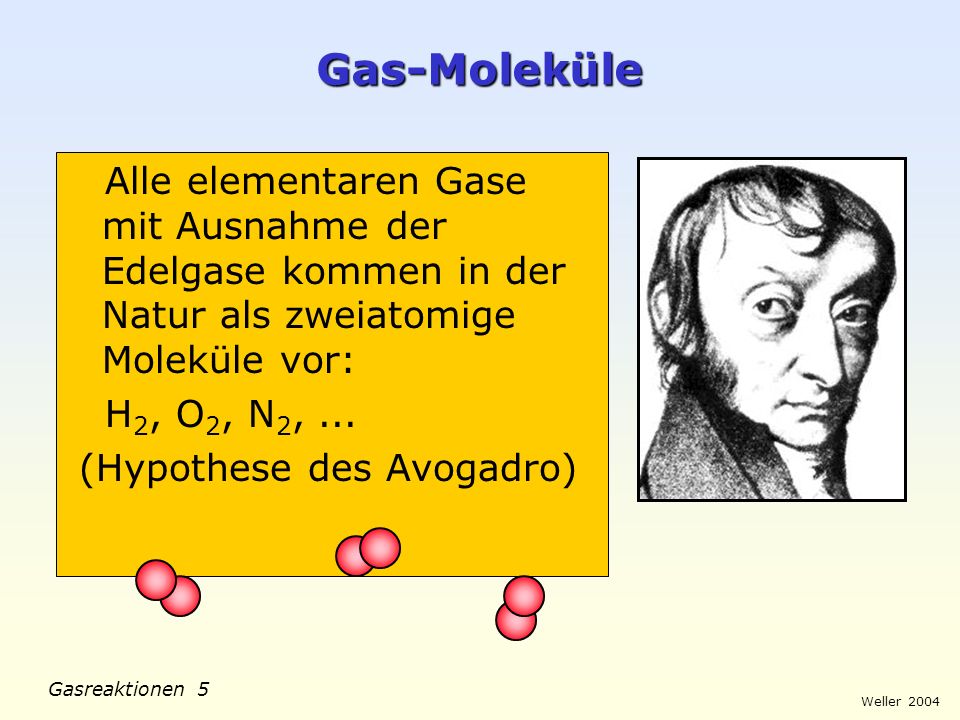 Gas-Moleküle Alle elementaren Gase mit Ausnahme der Edelgase kommen in der Natur als zweiatomige Moleküle vor: