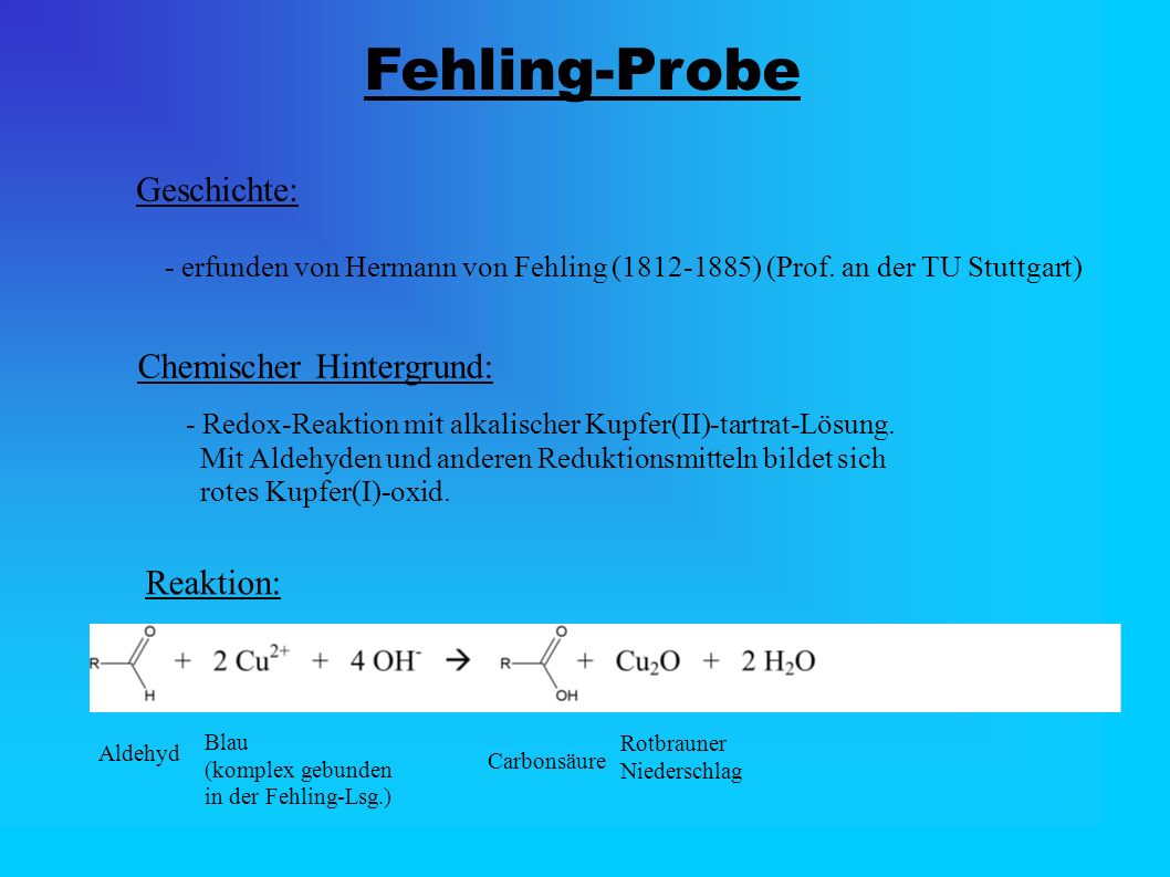 Fehling-Probe Geschichte: Chemischer Hintergrund: Reaktion: