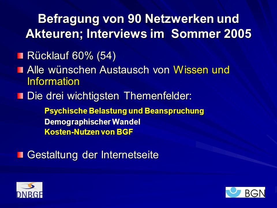Befragung von 90 Netzwerken und Akteuren; Interviews im Sommer 2005
