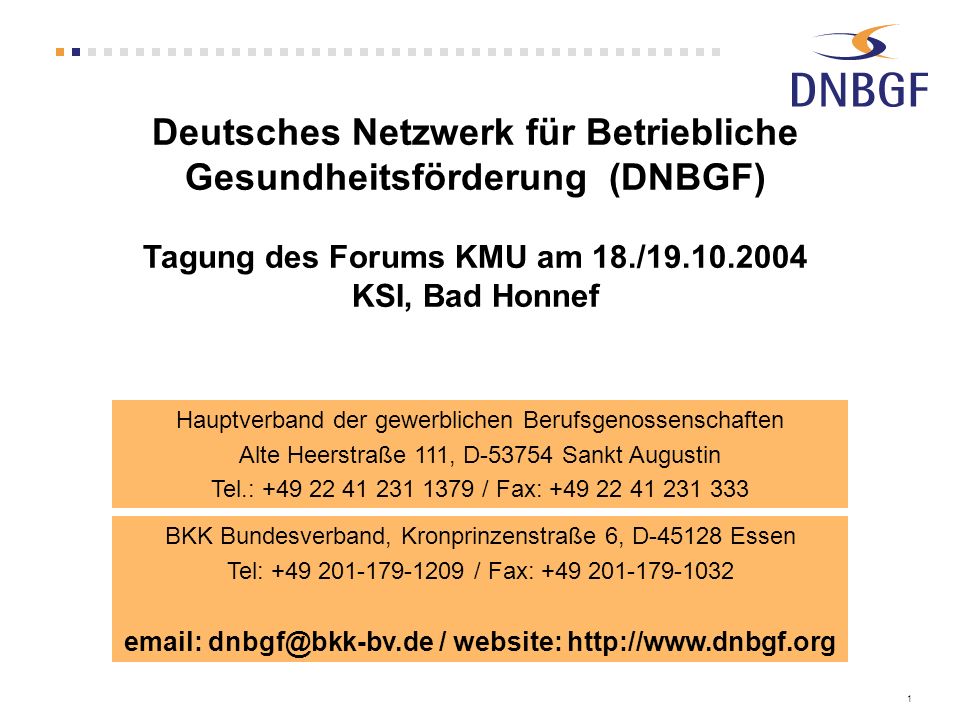 Deutsches Netzwerk für Betriebliche Gesundheitsförderung (DNBGF) Tagung des Forums KMU am 18./