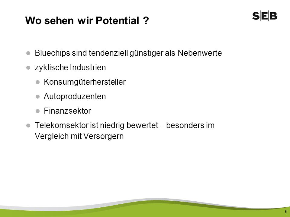 Wo sehen wir Potential Bluechips sind tendenziell günstiger als Nebenwerte. zyklische Industrien.