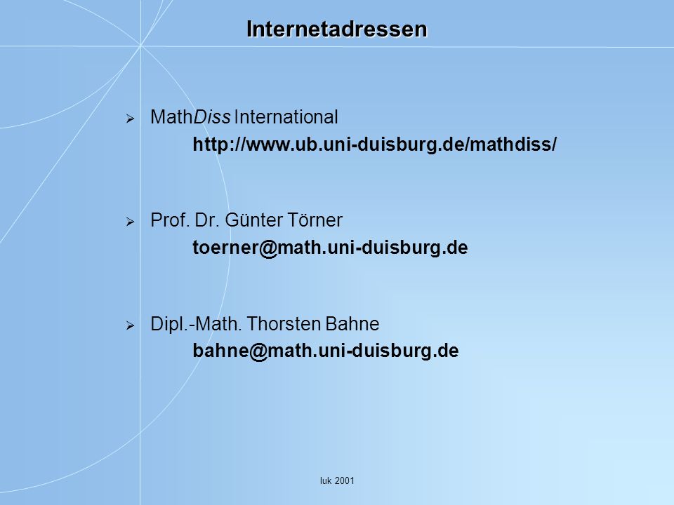 Internetadressen MathDiss International   Prof. Dr. Günter Törner