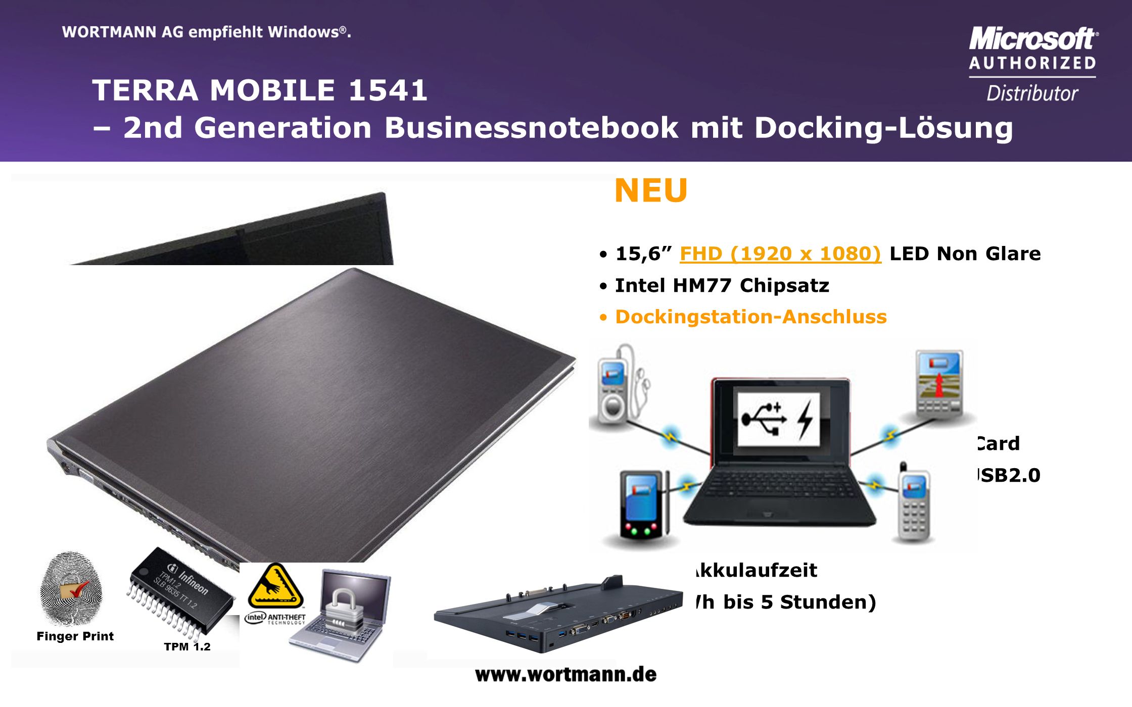 TERRA MOBILE 1541 – 2nd Generation Businessnotebook mit Docking-Lösung. NEU. 15,6 FHD (1920 x 1080) LED Non Glare.
