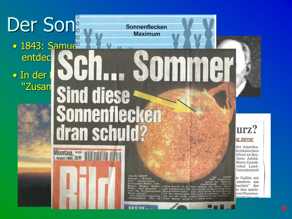 Der Sonnenzyklus und : Samuel Heinrich Schwabe entdeckt den 11-jährigen Sonnenzyklus.