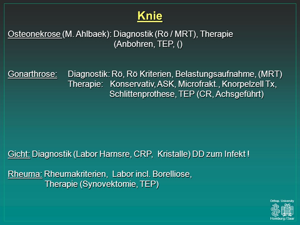 Knie Osteonekrose (M. Ahlbaek): Diagnostik (Rö / MRT), Therapie