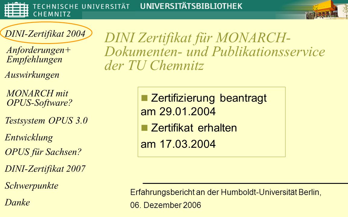 DINI Zertifikat für MONARCH- Dokumenten- und Publikationsservice der TU Chemnitz
