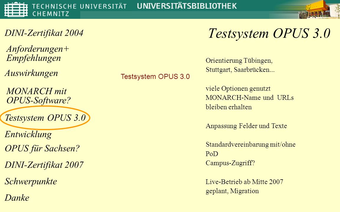 Testsystem OPUS 3.0 Orientierung Tübingen, Stuttgart, Saarbrücken...