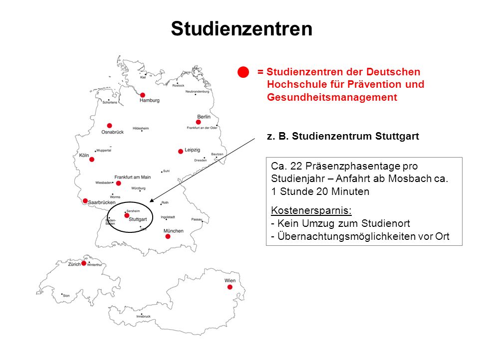 Studienzentren = Studienzentren der Deutschen Hochschule für Prävention und Gesundheitsmanagement. z. B. Studienzentrum Stuttgart.