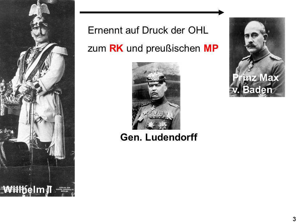 Willhelm II Prinz Max v. Baden Ernennt auf Druck der OHL zum RK und preußischen MP Gen. Ludendorff