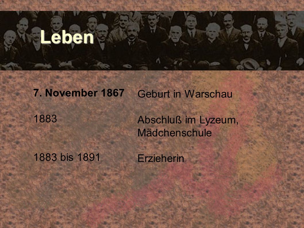 Leben 7. November 1867 Geburt in Warschau 1883 Abschluß im Lyzeum,