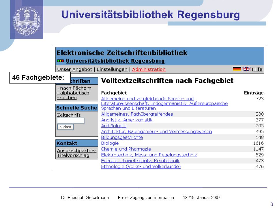 46 Fachgebiete: Dr. Friedrich Geißelmann Freier Zugang zur Information 18./19.
