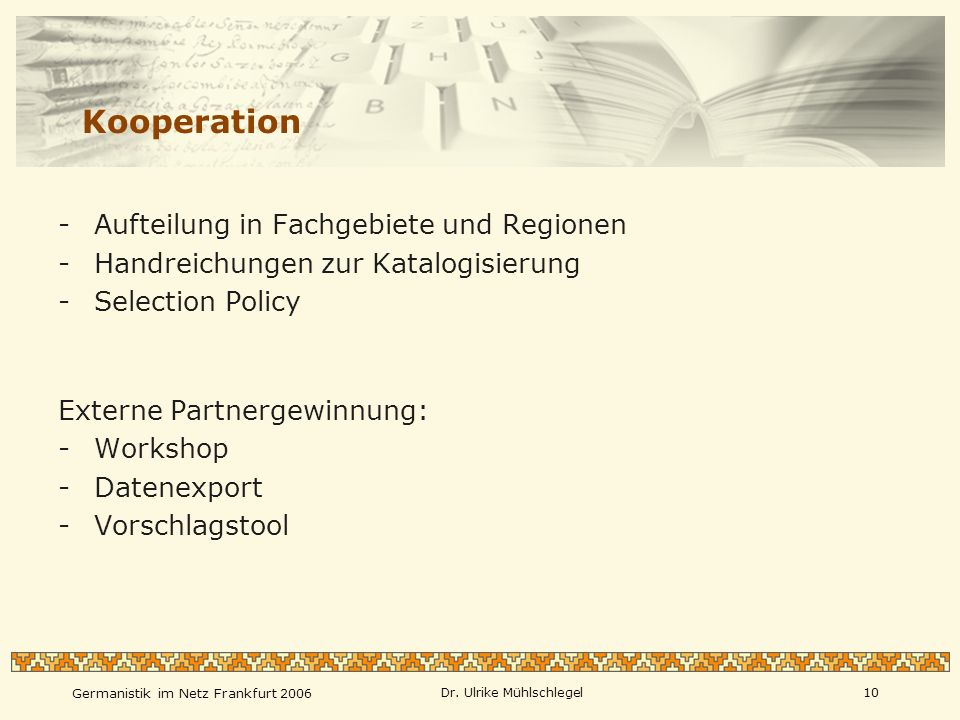 Kooperation Aufteilung in Fachgebiete und Regionen