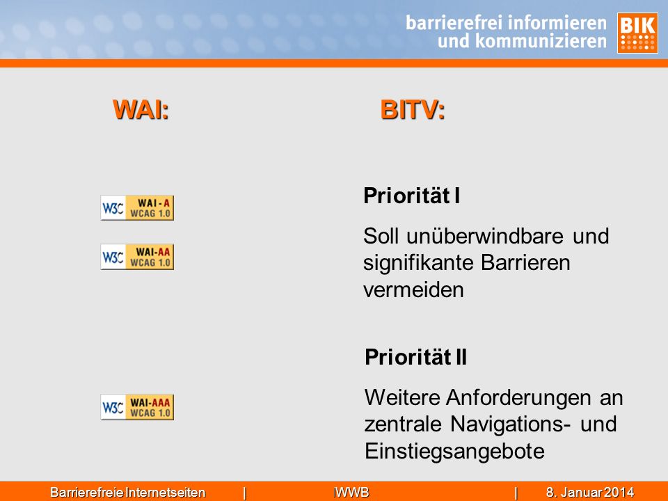 WAI: BITV: Priorität I. Soll unüberwindbare und signifikante Barrieren vermeiden. Hinweis: Section 508 (ebenfalls nur 2 Stufen) == BITV.