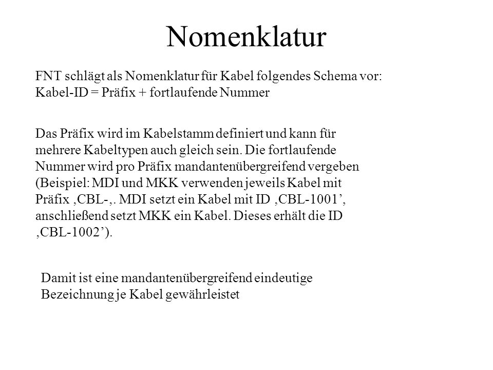 Nomenklatur FNT schlägt als Nomenklatur für Kabel folgendes Schema vor: Kabel-ID = Präfix + fortlaufende Nummer.