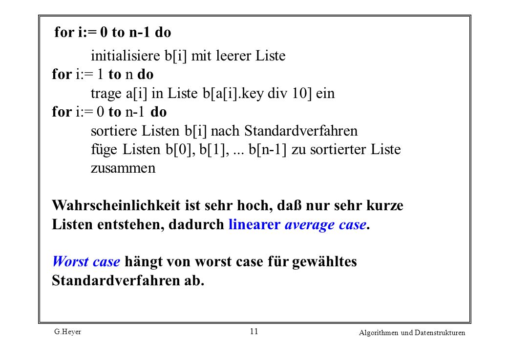 for i:= 0 to n-1 do initialisiere b[i] mit leerer Liste. for i:= 1 to n do. trage a[i] in Liste b[a[i].key div 10] ein.